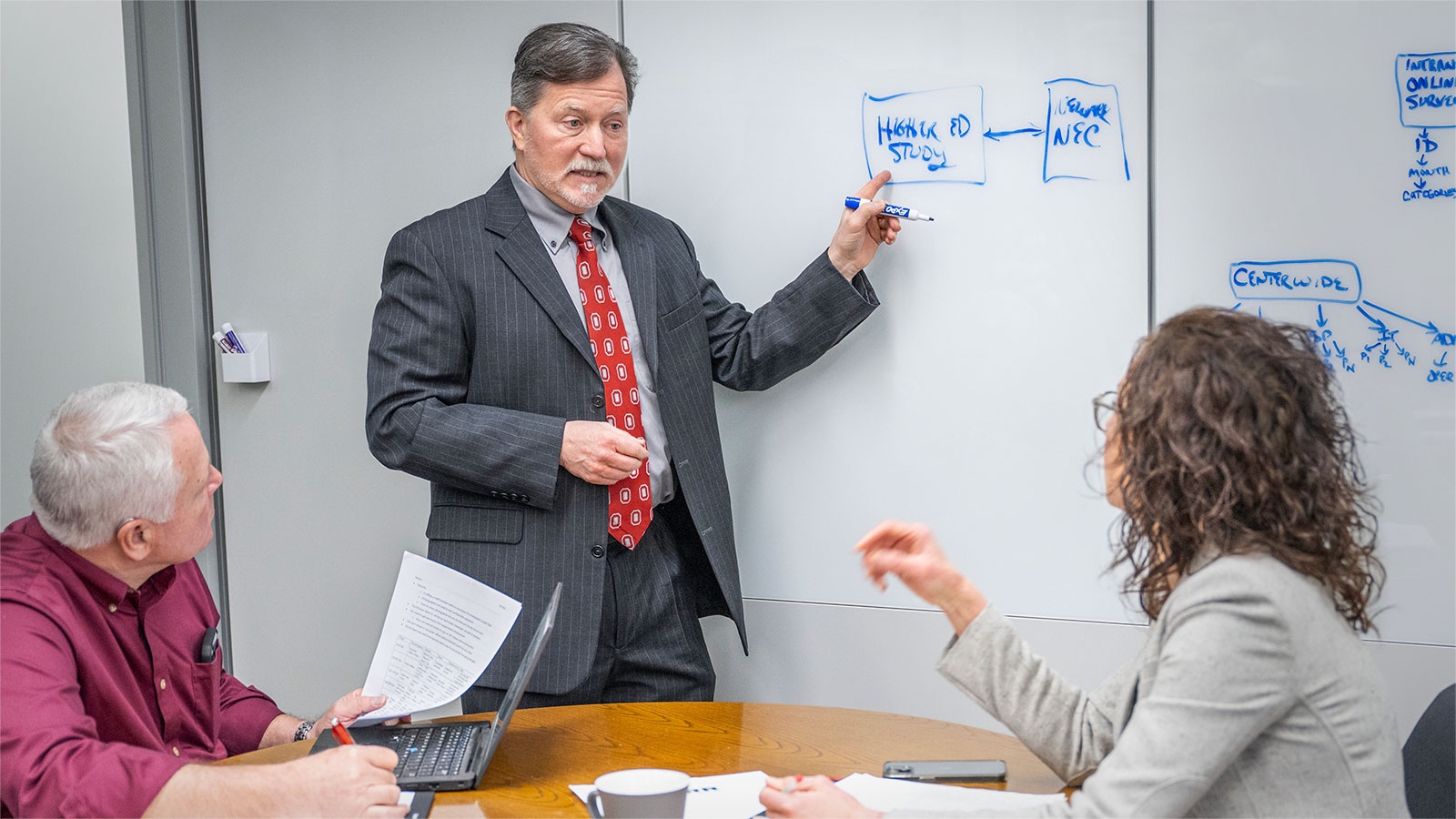 CHRR staffer gesturing to notes on a whiteboard while collaborating with two people seated at table