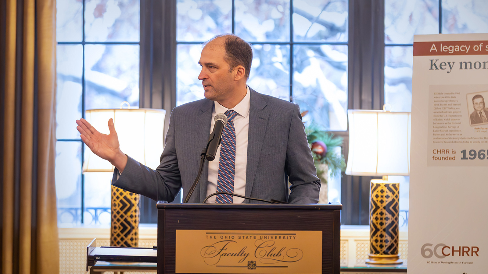 Ryan King, Dean of Social and Behavioral Sciences, addresses the audience at CHRR's 60th anniversary breakfast party