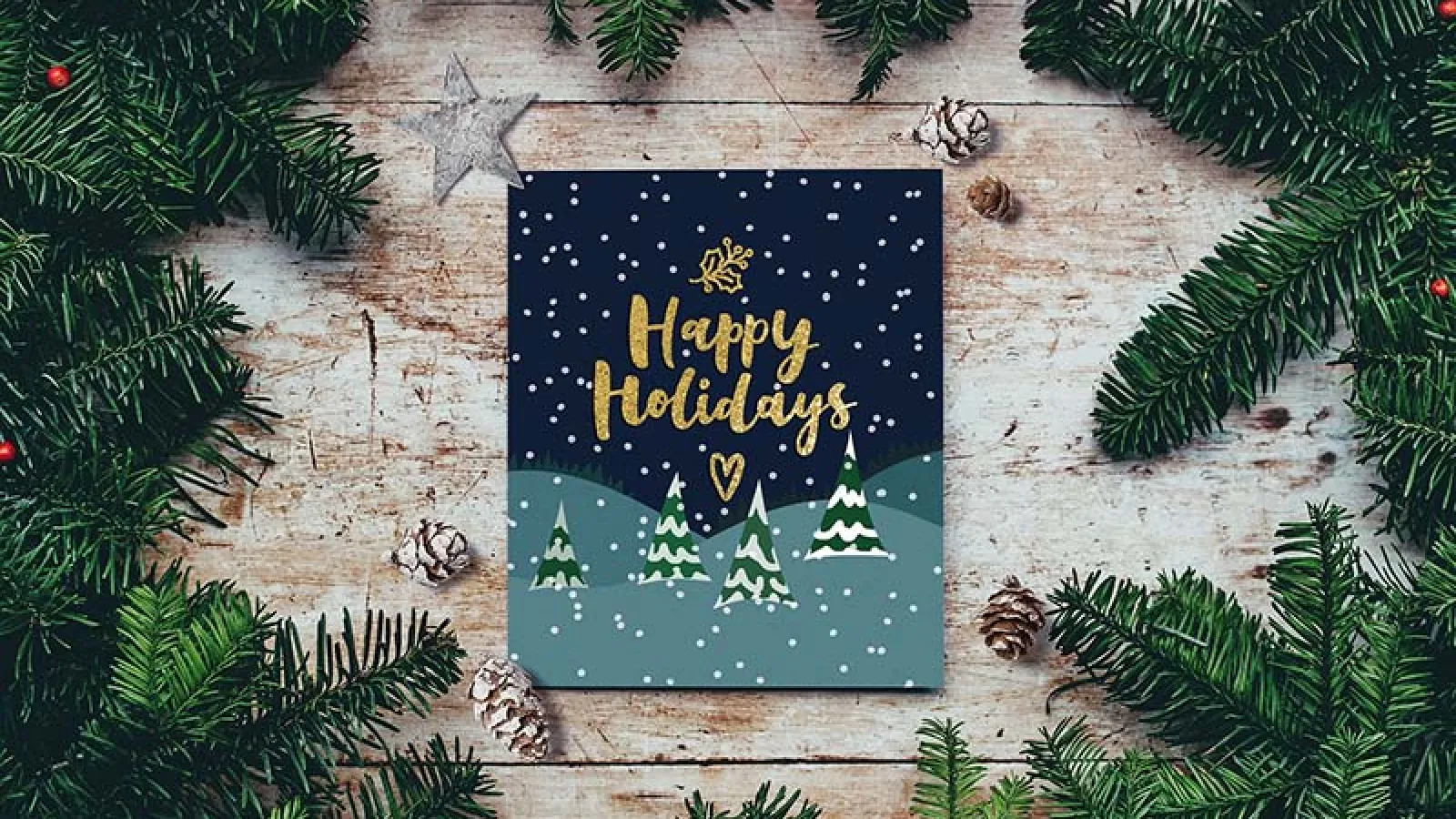 Happy Holidays card with winter scene