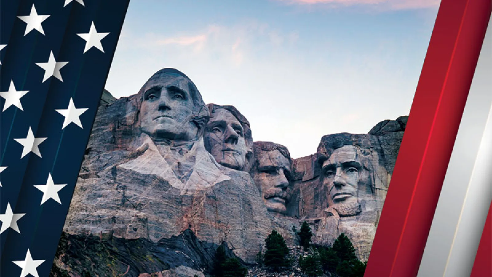 Mount Rushmore framed with U.S. flag elements and colors