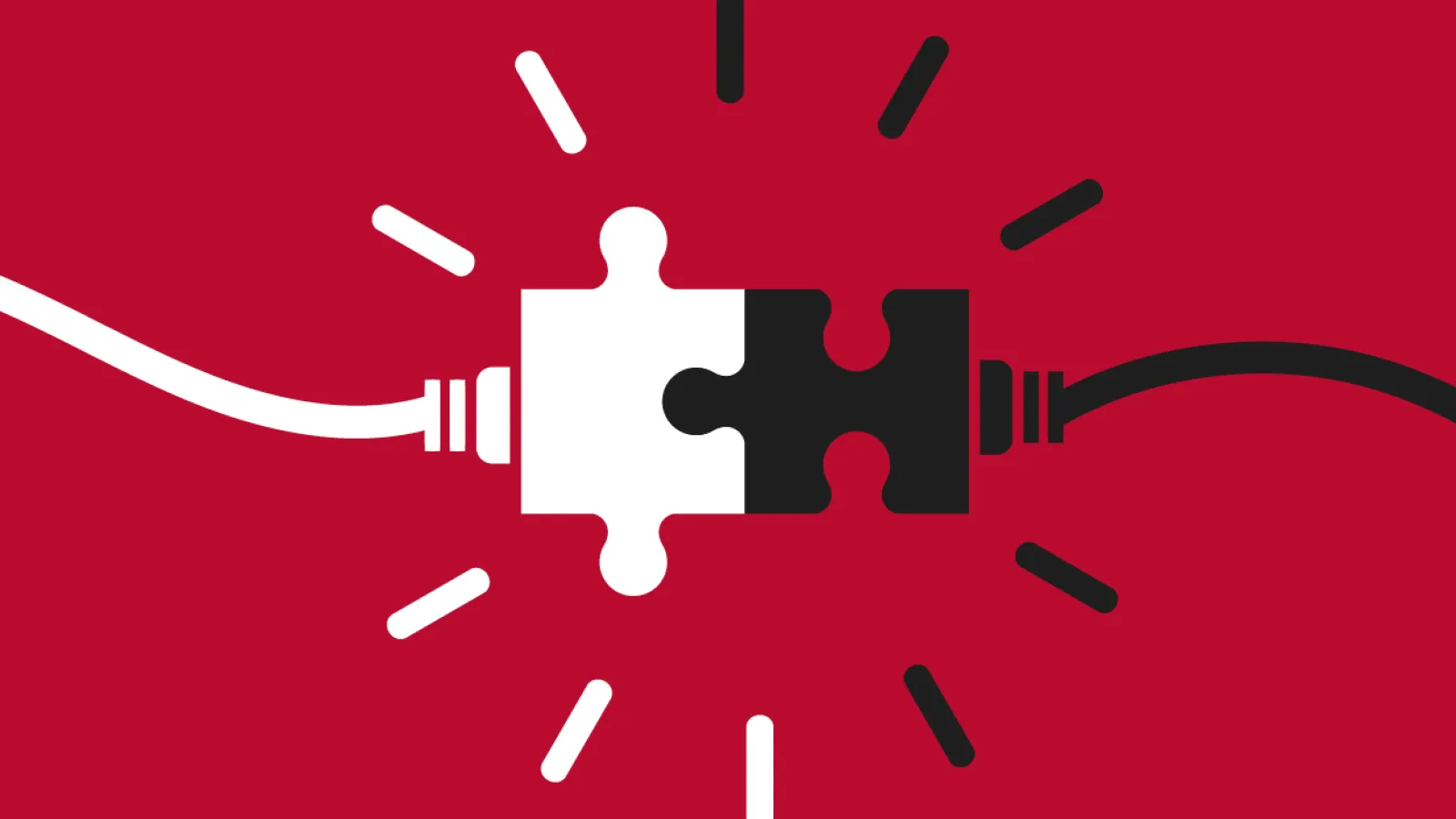 two plugs, one white on left and one black on right, meet and connect in the middle with a red background