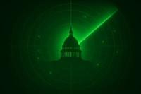 Silhouette of U.S. Capitol building with green glow behind and a green radar signal around thebuilding