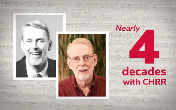 Two portraits of longtime CHRR director Randy Olsen—one from the 1980s and one recent—captioned: “Nearly four decades with CHRR”