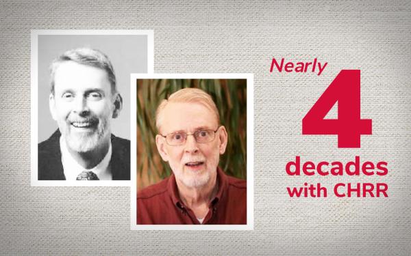 Two portraits of Randy Olsen, a former director who has been with CHRR for many years: a 1980s image and a current image, with the text "Nearly four decades with CHRR"
