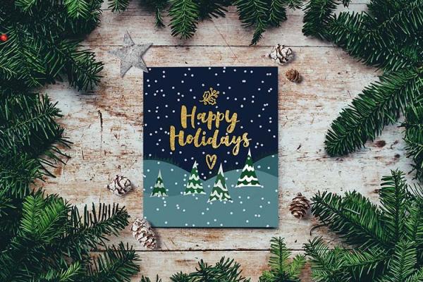 Happy Holidays card with winter scene