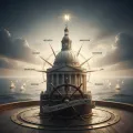 University rotunda centered over a compass. A ship’s wheel in front with the text: Guiding Minds, Chartering Futures.